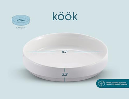 KooK Pasta Bowl, Bowl Plate, Low Bowl, Plate Bowls, Ceramic Large Shallow Bowls, Microwave and Dishwasher Safe, Great for Soups and Salads, Glossy Porcelain, 47 oz, Set of 4, White - color: White