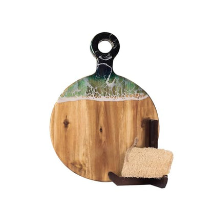 Acacia Wood Serving Board with Ocean Resin Art, 14.6" x 10.2" Charcuterie Cheese Tray for Display & Prep, Cutting Board on Back, Includes Stand & Loofah, Christmas Housewarming Gift (Round) - color: Round Cutting Board, size: Small