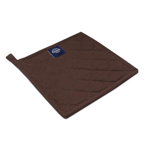 Encasa XO Pot Holders, Quilted Kitchen Hot Pads 8"x8" Dark Taupe & Beige | 100% Heavyweight Cotton | Quilted Insulation | Multipurpose Trivets & Hot Pads | Hanging Loop | Set of 2 - color: Dark Taupe & Beige