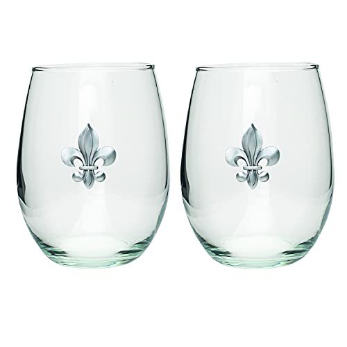 Heritage Pewter Fleur de Lis Stemless Glass Goblets – Set of 2 | 15 OZ Goblet Wine Glasses | Expertly Crafted Pewter Glass - style: Fleur de Lis