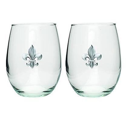 Heritage Pewter Fleur de Lis Stemless Glass Goblets – Set of 2 | 15 OZ Goblet Wine Glasses | Expertly Crafted Pewter Glass - style: Fleur de Lis