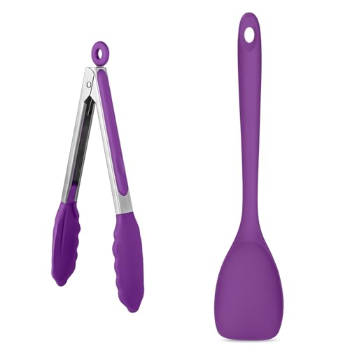 U-Taste 600ºF High Heat 9in Silicone Kitchen Tong and 600ºF Heat Resistat Spatula Spoon Flexible Silicone Cooking Scoop Spoonula (Purple)