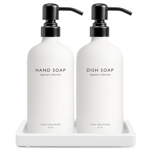 Vine Creations Glass Soap Dispenser Set, Kitchen Soap Dispenser Set with Ceramic Tray, 16 oz Dish Soap and Hand Soap Dispenser Set with Stainless Steel Pump Decor (White Bottle/Matte Black) - color: White Bottle / Matte Black Pump