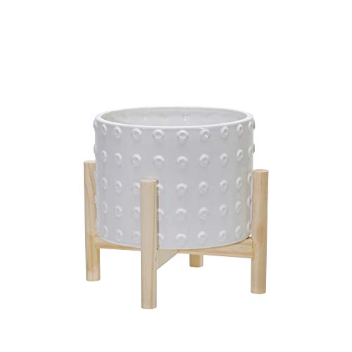 Sagebrook Home Ceramic Dotted Planter 8" with Pine Wood Stand - Elegant White - color: Dot White, size: 8 Inch