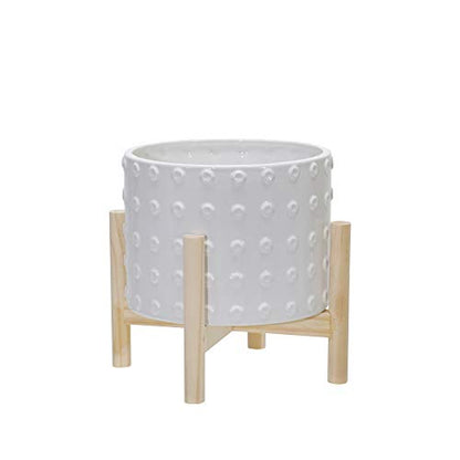 Sagebrook Home Ceramic Dotted Planter 8" with Pine Wood Stand - Elegant White - color: Dot White, size: 8 Inch