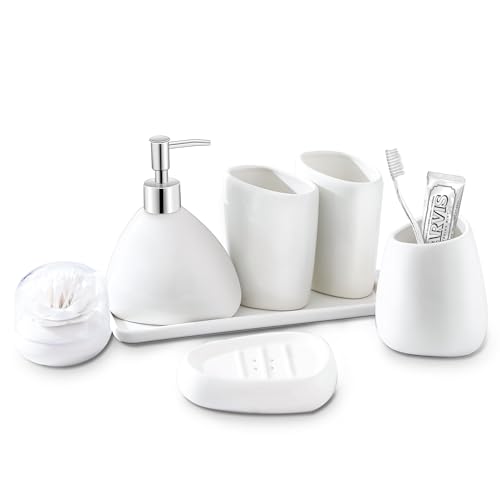 Ceramic Bathroom Accessory Set, 7 Pieces Countertop Accessories, Include Soap Dispenser, Toothbrush Holder, 2 Tumbler Cup, Soap Dish, Plastic Vanity Tray, Qtip Holder (White) - color: A-white * 7 Pieces
