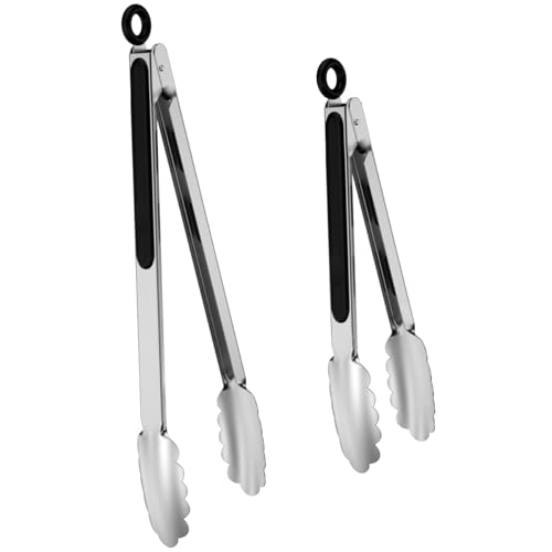 600℉ Heat Resistant Kitchen Tongs with Locking, Set of 9-inch and 12-inch Stainless Steel Metal Cooking Tongs with Non-Slip Grip, Perfect for Grilling, Barbecue (BBQ) and More - size: 9" & 12"