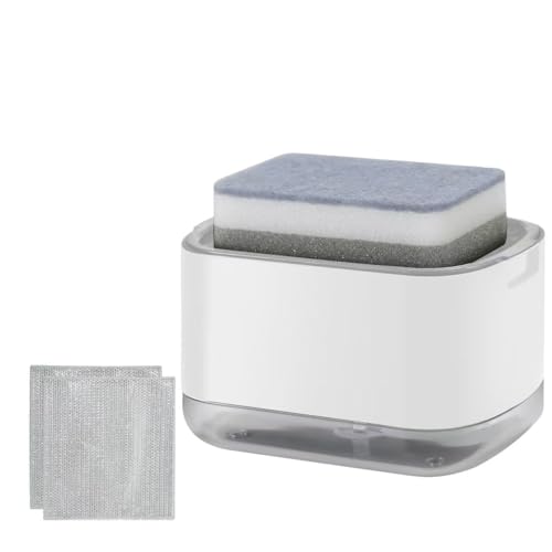 Kitchen Dish Soap Dispenser with Sponge Holder, 2-in-1 Countertop Soap Pump Dispenser, Soap Dispenser for Kitchen Sink with 2-Packs Wire Dishwashing Rag,White - color: White (2-in-1)