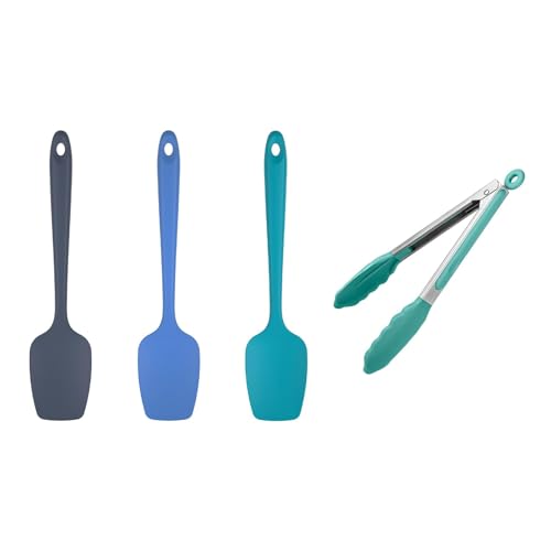 U-Taste 480ºF Heat Resistant Food Grade Silicone Spoon Spatula Set of 3 (Multicolor), and 480℉ Heat-Resistant Food-Grade Non-Stick Firm Cooking Tong 9 inch (Aqua Sky)