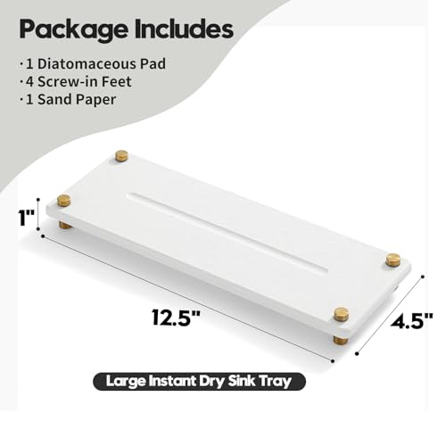 White Gold Dish Drying Rack Tray, Water Absorbing Stone Sink Caddy Kitchen Sink Organizer, Diatomite Bathroom Counter Faucet Mat Coaster, Soap Riser Dispenser Sponge Holder, White 12.5" x 4.5" - color: 12.5"x 4.5" - White - Gold