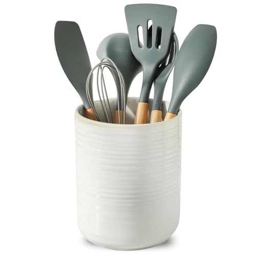 HASENSE Large Utensil Holder, 7.4" x 6.2" Ceramic Utensil Holder for Kitchen Counter, Utensil Oganizer for Utensil Set, Farmhouse Cooking Utensil Crock for Kitchen Decor, Clay-Infused White - color: Clay-Infused White
