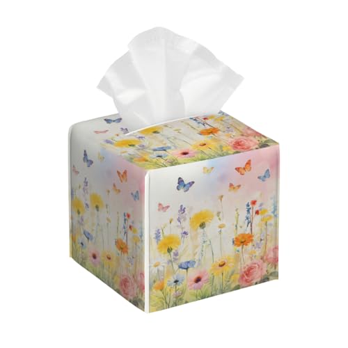 Watercolor Colorful Flowers Butterfly Leather Tissue Box Cover, Waterproof PVC Leather Napkin Holder, Decorative Tissue Case for Coffee Table Office Bedroom Kitchen Bathroom Car - color: Flower