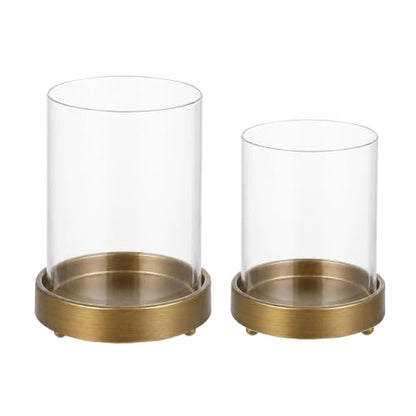 Set of 2 Glass Hurricane Candle Holders for Pillars with Minimalism Metal Base in Antique Brass, Glass Candle Holder, Centerpiece, for Weddings, Dinner Parties, Dining Tables, Console Tables, Mantels - color: Antique Brass