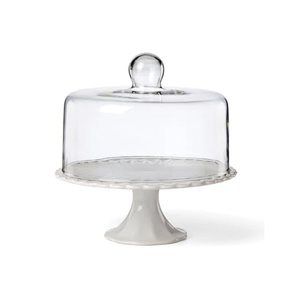 Lenox French Perle White Stoneware Cake Stand with Dome | Dishwasher safe | 2-piece, with dome cover | 11 inch, gift for women, cupcake stand, elegant entertaining - style: Cake Plate