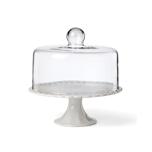Lenox French Perle White Stoneware Cake Stand with Dome | Dishwasher safe | 2-piece, with dome cover | 11 inch, gift for women, cupcake stand, elegant entertaining - style: Cake Plate