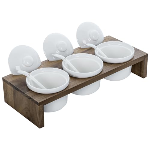 MyGift 10 Pcs Condiment Pot Serving Dish Set, Hosting Essentials, Premium Acacia Solid Wood Raised Display Server Tray and 3 Ceramic Ramekin Dip Bowls with Lids and Spoons - color: Acacia