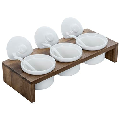 MyGift 10 Pcs Condiment Pot Serving Dish Set, Hosting Essentials, Premium Acacia Solid Wood Raised Display Server Tray and 3 Ceramic Ramekin Dip Bowls with Lids and Spoons - color: Acacia