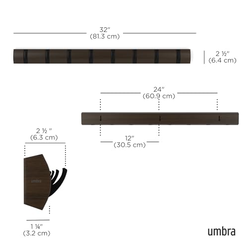Umbra Flip Coat Rack, Wall Mount 8-Hook, Space Saving, Walnut/Black | Real wood and steel build, retractable hooks fold flat, holds coats bags and scarves, easy install - color: Walnut/Black, size: 8-Hook