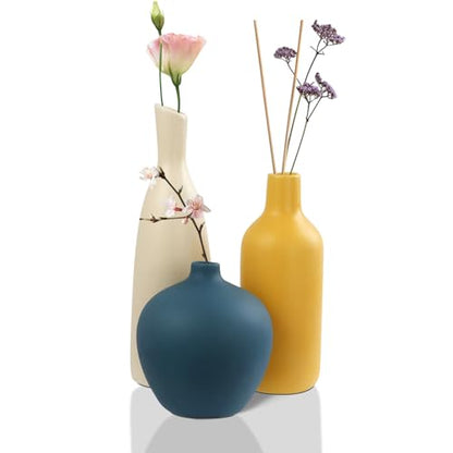 JINGIHE Ceramic Vase Set of 3, Modern Flower Vases Farmhouse Home Decor | Small White Burnt Orange Blue Terracotta Pots, Coffee Bar Accessories for Living Room Bathroom Centerpieces Mantel