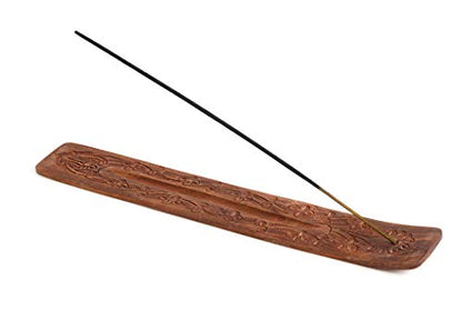 Incense Garden Wood Incense Holder - Carved Wooden Ash Catcher - Hand Stained - 10 inches Long (Brown)