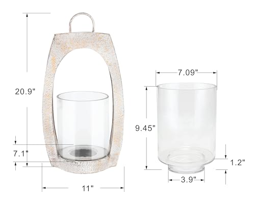 21" Twakutwaku Versatile Farmhouse Arch Metal Lantern in Shabby White with Handmade Thick Glass Candle Holder for Pillars & Plants, Hurricane Lantern, Glass Candlestick Holder, Glass Vase, Garden - color: Shabby White, size: 11"x21"