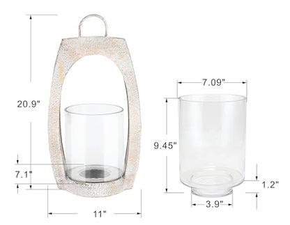 21" Twakutwaku Versatile Farmhouse Arch Metal Lantern in Shabby White with Handmade Thick Glass Candle Holder for Pillars & Plants, Hurricane Lantern, Glass Candlestick Holder, Glass Vase, Garden - color: Shabby White, size: 11"x21"