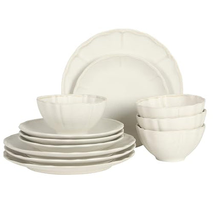 Gibson Elite Vista Rossio - Made In Portugal - 12 Piece Dinnerware Set for 4, White Ceramic Plates and Bowls Sets, Stoneware Dishware Set with Scalloped Edge, Dinner Plates Salad Plates & Cereal Bowls - color: White (Vista Rossio Dinnerware)