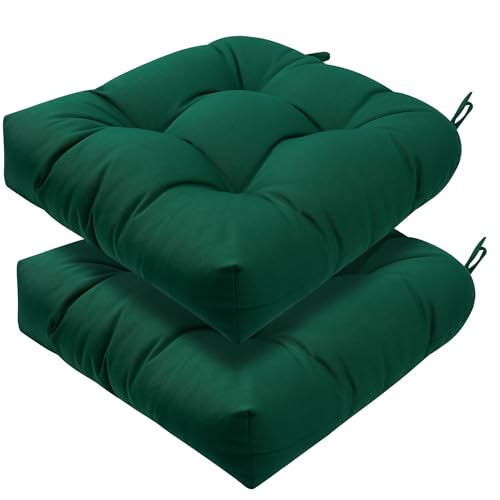 Magpie Fabrics Outdoor Tufted Seat Cushion 19"x19" Set of 2 (Dark Green) | Waterproof Patio Chair Pads with ties Tatami Floor Pillow for Room Garden Balcony Office - color: Dark Green