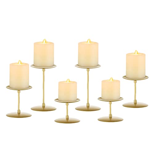Romadedi Pillar Candle Holder Plates, Gold Centerpiece Stands, Set of 6 | 3.5" Plates in 3 Heights: 2.4", 4", 5.8"; for Tiered Display Effect; Centerpiece for Fireplace Mantel, or Wedding Table - color: Gold, size: Set of 6