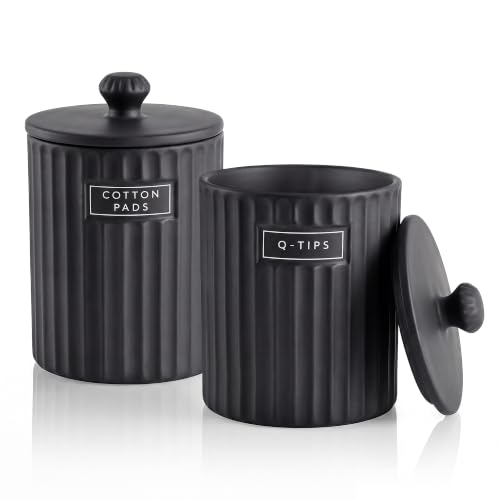 Ronasip Ceramic Bathroom Organizer and Storage Jars with Lid, 2 Pack Qtip Holder and Cotton Pad Dispenser, Apothecary Canisters for Vanity, Kitchen Countertop, Home Decor (2, Black) - color: Black