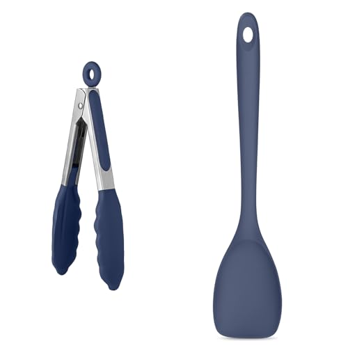 U-Taste 600ºF High Heat 7in Silicone Kitchen Tong and 600ºF Heat Resistat Spatula Spoon Flexible Silicone Cooking Scoop Spoonula (Midnight Blue)
