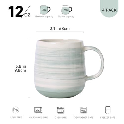 Coffee Mugs Set of 4, 12oz Stoneware Coffee Cups with Handle, Light Green | Hand-Painted Ceramic Mugs Set for Women and Men, Dishwasher & Microwave Safe, Suitable for Hot Coffee, Tea, Cocoa, Milk - color: Light Green