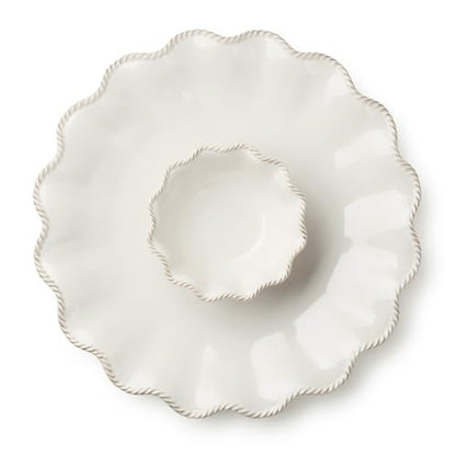 Heritage Ivory Stoneware Chip & Dip Set, 2-Piece – 15” Scalloped Serving Platter with 6” Dip Bowl (14oz) – Elegant Ripple-Edge Design for Entertaining, Snacks, & Appetizers