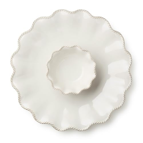 Heritage Ivory Stoneware Chip & Dip Set, 2-Piece – 15” Scalloped Serving Platter with 6” Dip Bowl (14oz) – Elegant Ripple-Edge Design for Entertaining, Snacks, & Appetizers