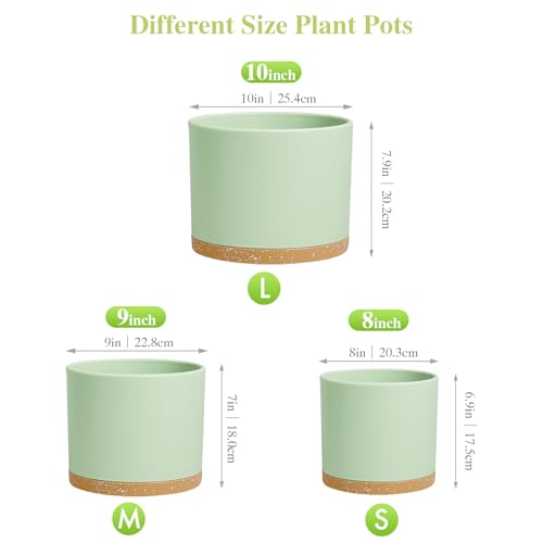 Large Plant Pots Set of 3 – 8", 9", 10" Indoor Flower Pots with Drainage Holes and Saucers, Big Planters for Monstera, Fiddle Leaf Fig, Snake Plant – 5 Colors - color: Green With Brown Base