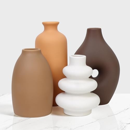 Ceramic Flower Vase Set Modern Farmhouse Decor Vases for Home Table Centerpiece - Rustic Flower Vases for Living Room Kitchen Shelf Mantle Fireplace Bedroom Office Bathroom Dining Coffee Table Decor - color: Coffee and White