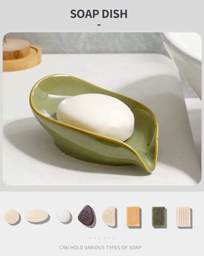 Soap Holder, Self-Draining Soap Dish, Leaf Shape Ceramic Bar Soap Holder Drain Soap Dishes for Bathroom Sink Kitchen, Easy to Clean Keeps Soap Dry, Olive Green, ANTIS'S HOME - color: Green-enhanced Drainage-1pcs