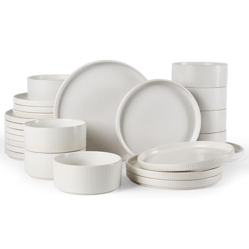 Famiware Star Stoneware Dinnerware Sets for 8, Reactive Glaze Plates, Bowls | 24-Piece Handmade Ceramic Dishes with Lipped Edges, Chip & Scratch Resistant. Microwave & Dishwasher Safe, Matte White - color: Matte White, size: Service for 8