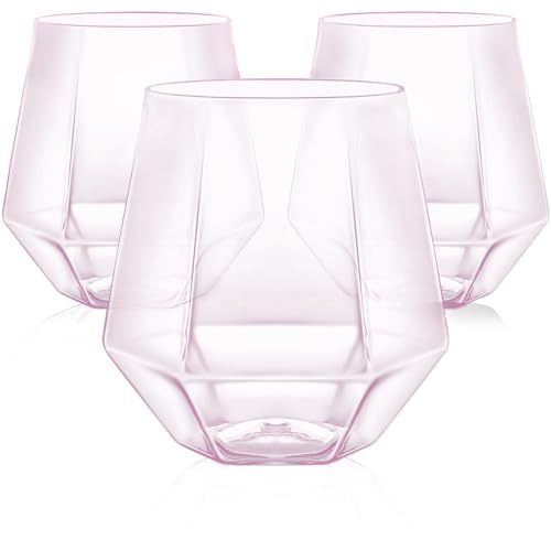 40 Pack Plastic Wine Glasses, 12 Oz Disposable Cocktail Whiskey Glasses | Diamond Stemless Champagne Margarita Glasses, Unbreakable Reusable Plastic Party Cups for Wedding Birthday (Pink) - color: Pink-40 Pack