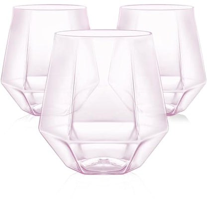 40 Pack Plastic Wine Glasses, 12 Oz Disposable Cocktail Whiskey Glasses | Diamond Stemless Champagne Margarita Glasses, Unbreakable Reusable Plastic Party Cups for Wedding Birthday (Pink) - color: Pink-40 Pack