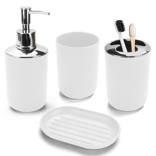 4PCS White Bathroom Accessories Set, Modern Bahtroom Decor Set | Durable ABS pump, rust-resistant, leak-proof design, smooth touch, high-end matte finish, long-lasting, modern style - color: White
