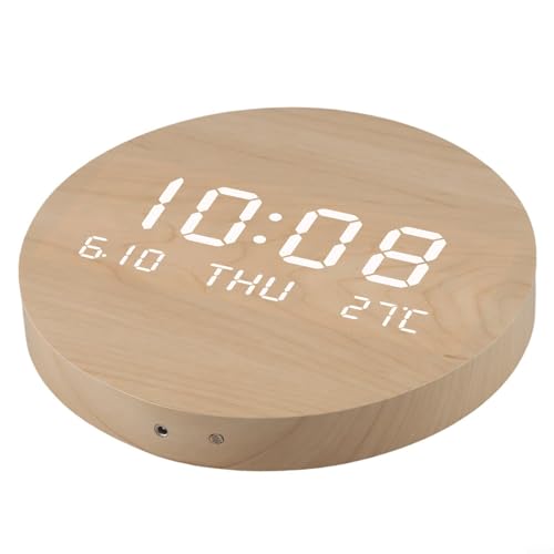 Wooden Silent Non-Ticking Wall Clock, Wood Moon Cordless Aesthetic Modern Alarm, Large LED Digital Round Clock for Living Room Bedroom -Display With Date,Temperature&Calendar(Brown Rechargeable) - size: Brown Rechargeable