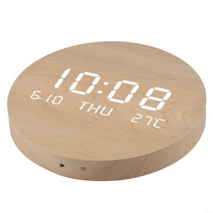Wooden Silent Non-Ticking Wall Clock, Wood Moon Cordless Aesthetic Modern Alarm, Large LED Digital Round Clock for Living Room Bedroom -Display With Date,Temperature&Calendar(Brown No Rechargeable) - size: Brown No Rechargeable