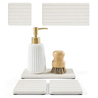 Diatomaceous Earth Sink Organizer Tray Set, 3-Pack Fast Drying Water Absorbing Stone Soap Holder Caddy for Kitchen & Bathroom Counter, Faucet Splash Guard, Beige (1pc of 8"x3.8" + 2pcs of 3.8"x3.8") - color: 3 Pack - Beige - 1pc of 8"x 3.8" and 2pcs of 3.