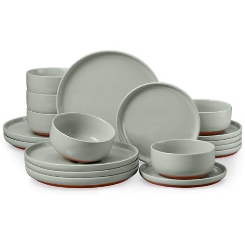 E-far 18-Piece Stoneware Dinnerware Sets, Plates and Bowls Sets for 6, Ceramic Dishware Dishes Set with Terracotta Base, Chip & Scratch Resistant, Microwave & Dishwasher Safe, Speckled Green - color: Sage Green, size: Service for 6