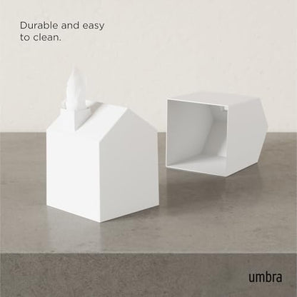 Umbra Casa Tissue Box Cover, House Shaped Kleenex Box Holder, Square, White | Adds decorative touch to rooms, easy one hand retrieval, wipe with damp cloth, durable plastic - color: White