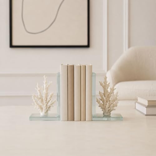 Decorative Coral on Glass Bookends - Coastal Inspired Book Ends for Bookshelf Decor or Book Accessories - Modern Office Desk Accent, Home Library, or Entryway Home Decor - Set of 2, 7.25", White