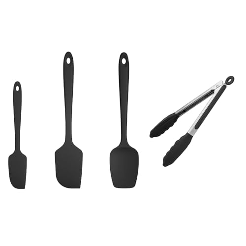 U-Taste 600ºF Heat Resistant Food Grade Silicone Spatula Set of 3, and 480℉ Heat-Resistant Food-Grade Non-Stick Firm Cooking Tong 9 inch (Black)