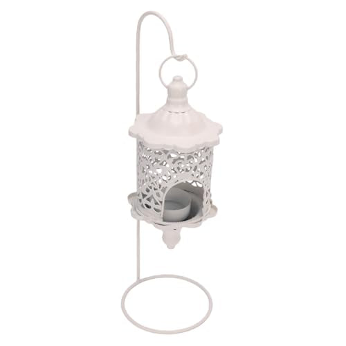 Candle Lantern, Lattice Candle Lantern with Stand, Metal Decorative Hollow Vintage for Living Room Mantel (White) - color: White