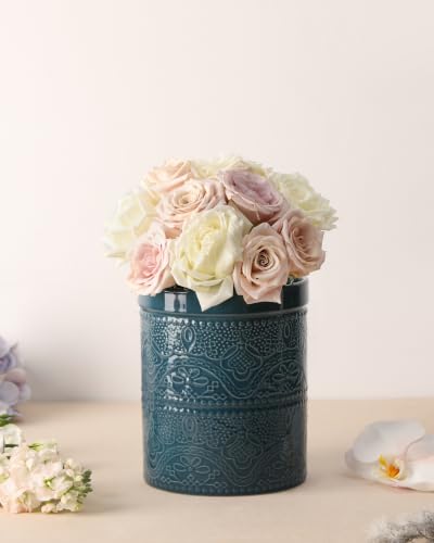 Kitchen Utensil Holder, 7.2" Super Large Utensil Crock Heavy and Stable Lace Emboss Ceramic Utensil Holder for Kitchen Counter (Grayish Blue) - color: Grayish Blue